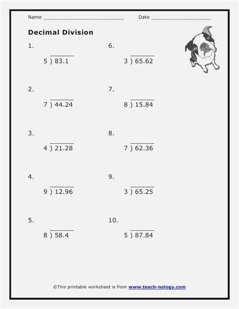 Printable 6th Grade math worksheets: Division of .